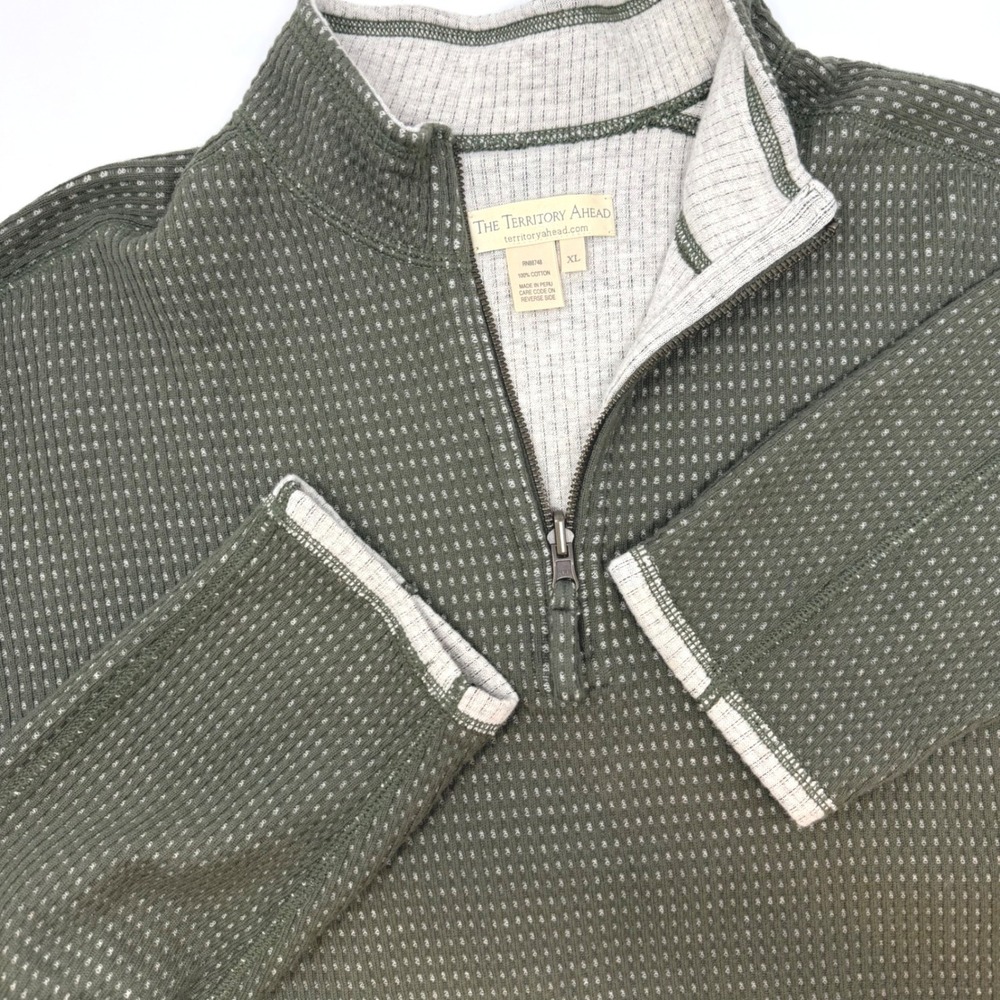 The Territory Ahead Mens XL Olive Green Waffle Knit 1/4 Zip Pullover Cotton Peru